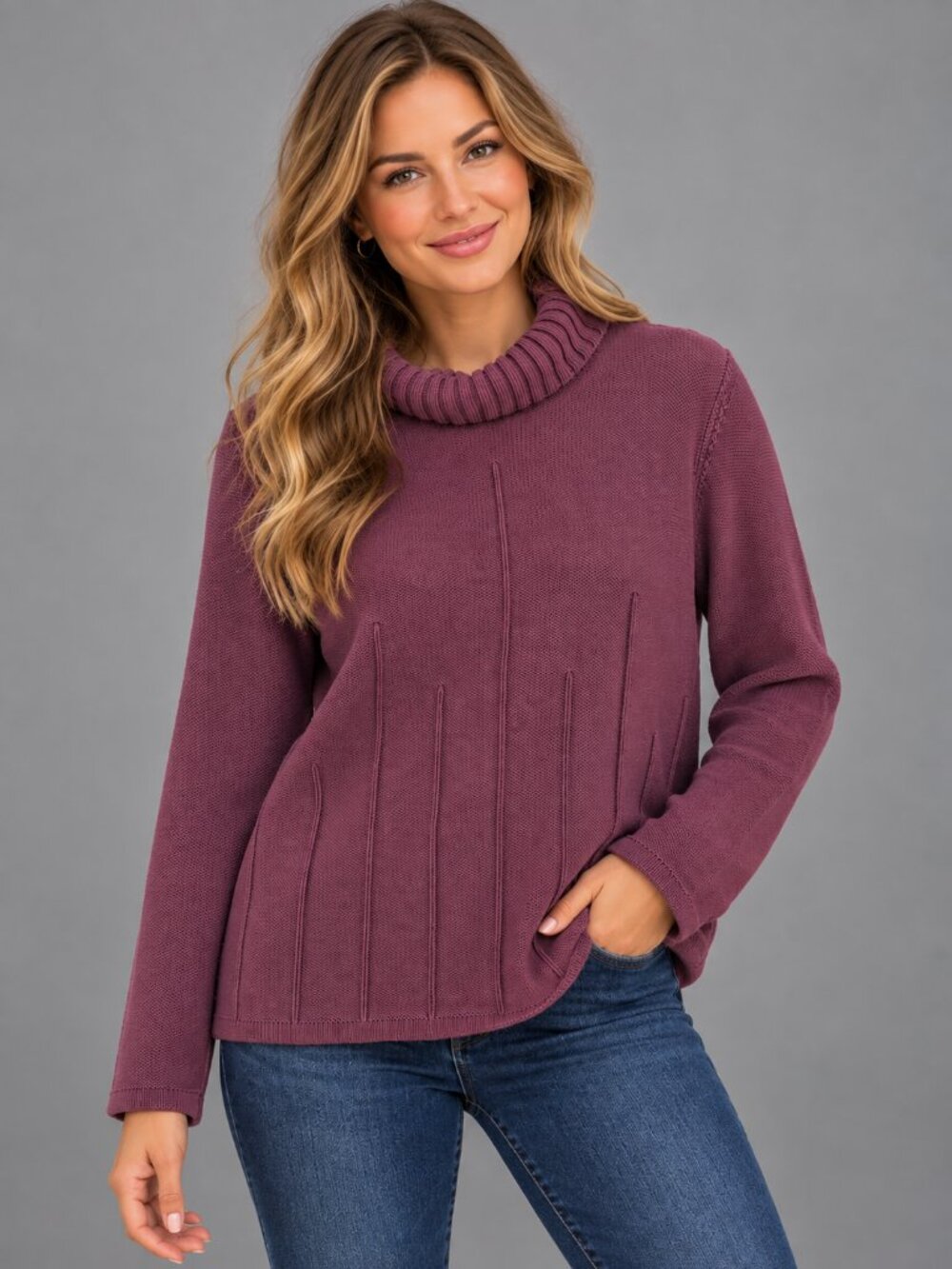 Plum Mauve Textured Knit 100% Cotton Turtleneck Sweater – 3X